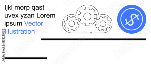 Financial planning, teamwork, business strategy, industrial design, technology, and efficiency. Gear icons and a dollar symbol against a minimal background. Financial planning and teamwork