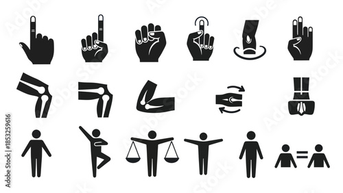 Set of human body parts and actions minimalist black and white icons