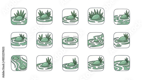 Stylized stone in water illustrations various angles for creative projects