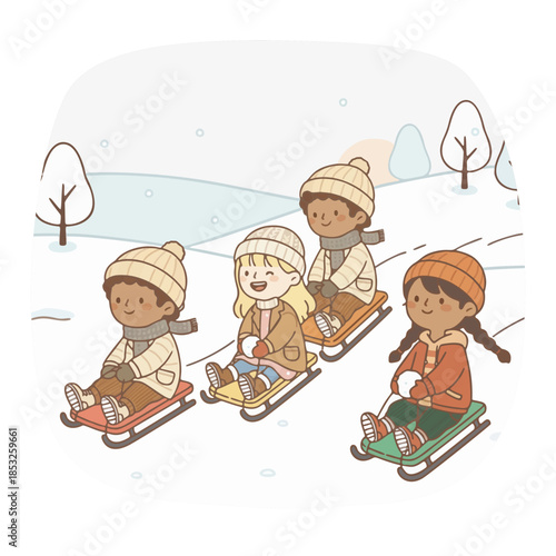 Kids sliding down a hill together on a long sled