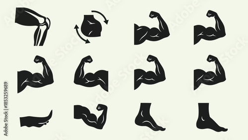 Muscular human body parts set in monochrome for health and fitness designs