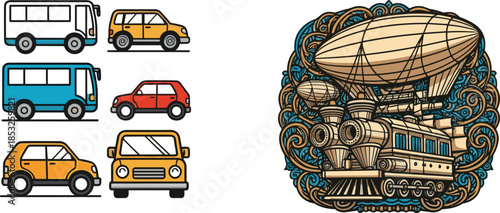 Transport icons, modern vehicles, steampunk airship, black illustration, travel design, mobility symbol, vintage tech, futuristic concept, transit badge