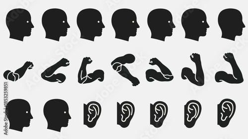 Silhouettes of human head arm and ear variations in black and white