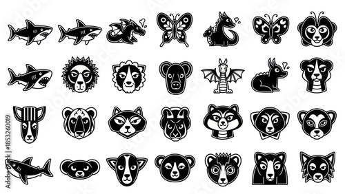 Set of various black and white animal icons for design elements