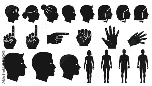 Silhouettes of human profiles hand gestures and body shapes in black