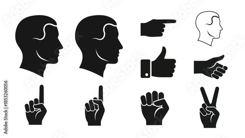 Silhouettes of human heads and hands in various gestures on white background