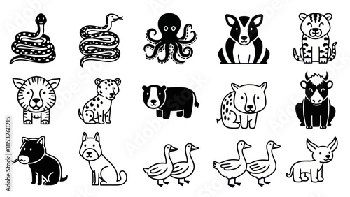 Set of various black and white cartoon animals for design elements