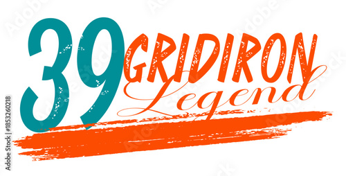 Gridiron Legend football design with helmet, number 39 and ball in  orange, aqua and blue . Bold artwork for sports apparel, team branding, fan merchandise and promotion