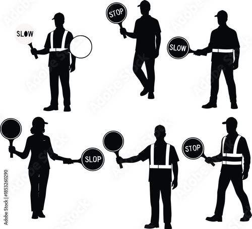 Traffic control silhouette, paddle signal, road safety, construction worker, vest and cap, STOP sign, SLOW paddle, signage error, communication clarity, jobsite direction