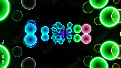 Kaleidoscopic animation of vibrant, multicolored spheres glowing and moving. Psychedelic pattern with neon circles and ethereal bubbles
