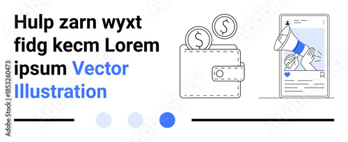 Wallet holding coins, smartphone with megaphone. Ideal for finance, marketing, e-commerce, investment, digital platforms, fintech, and a simple landing page