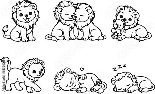 Adorable Lion Cartoon Set: A captivating array of cartoon lion in various adorable poses, illustrating playful and lovable nature.