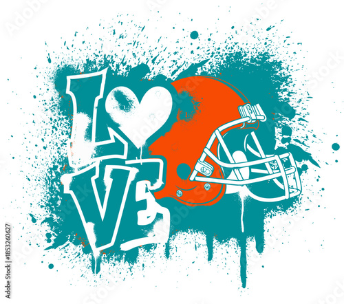 Love written in Orange, Aqua and blue  color with a football at the center and a football helmet next to the text. vector design in street art style, perfect for sporty, dynamic illustrations