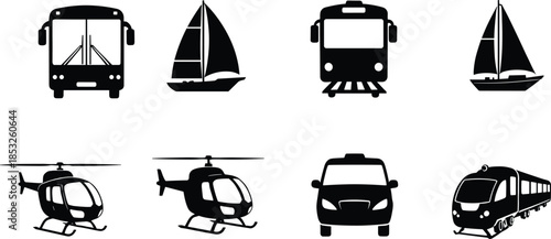 Transportation silhouette icons, bus, sailboat, train, helicopter, car, travel symbols, black illustration, vehicle types, mobility design, transit set