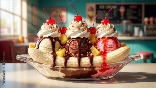 Banana Split Clássico, Classic Banana Split Ice Cream Sundae with Chocolate and Strawberry Sauce in Retro Diner Setting