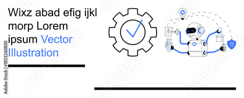 Workflow automation, innovation tech, robotics, process improvement, AI tools, system management. A robot interacting with icons and a gear with a checkmark. Workflow automation and innovation