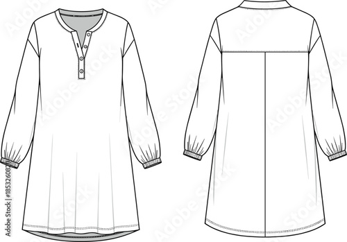 Tunic top fashion sketch, long sleeve blouse design, round neckline with buttons, curved hem detail, cad drawing flat vector illustration