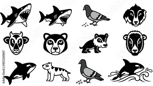 Set of various cartoon animal illustrations in black and white styles