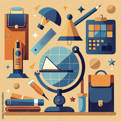 Collection of school and education icons flat vector illustrations for learning and knowledge concepts isolated on beige background