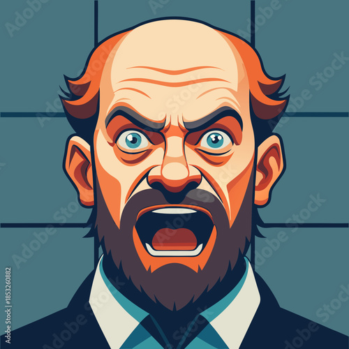 Angry bald man with beard and wide open mouth expressive portrait illustration for concepts of anger frustration or shouting stylized cartoon character