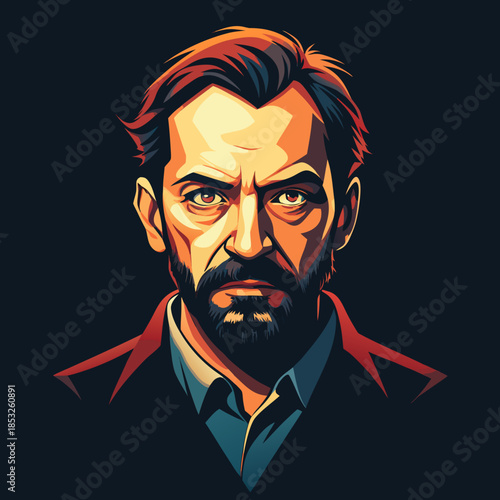Portrait of a serious man with beard stylized illustration for character design concept art and graphic novels
