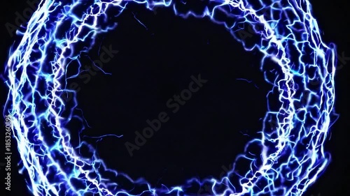 Abstract blue electric energy circle pulsating on a black background. Powerful lightning particles creating a dynamic glowing ring frame