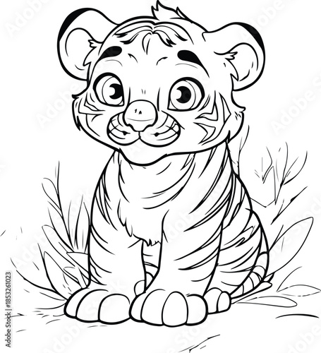 Baby tiger cub sitting in grass looking forward innocent cute jungle animal cartoon outline sketch for coloring book