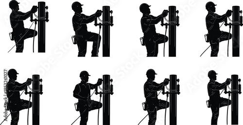 Utility worker climbing pole, silhouette illustration, electrical maintenance, helmet gear, tool belt, black and white grid, lineman posture, industrial concept