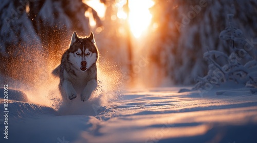 Majestic canine sprints through a snowy forest, the rising sun casting a warm glow. The dog's energy is palpable as it bounds through the snow-covered landscape.