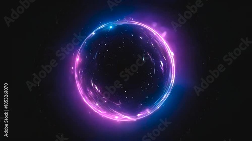 Luminous rotating ring of pink and blue neon energy. Abstract circular light trail with glowing particles on a black background