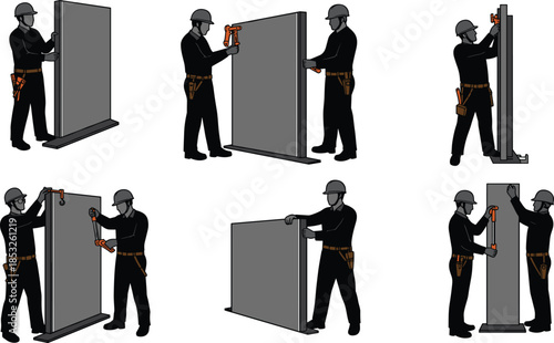 Wall panel installation silhouettes, construction teamwork, power tool use, safety gear, black figures, step-by-step assembly, vertical alignment, industrial posture, drill action
