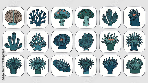 Underwater flora and fauna icons set colorful coral mushrooms and anemones