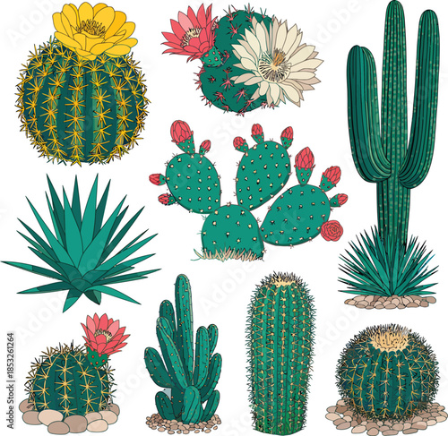 Variety of Cacti and Succulents with Flowers on White Background