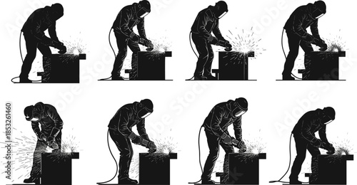 Welding silhouette, metal grinding, protective gear, sparks flying, helmet and gloves, industrial posture, fabrication process, safety technique, workshop action, tool handling