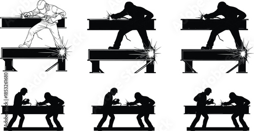 Welding silhouettes, teamwork on metal beam, black and white illustration, protective gear, industrial posture, collaborative welding, sparks flying, workshop scene, DIY repair