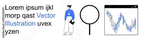 Business analytics, market research, data trends, financial analysis, technology, statistics. Professional figure with clipboard, magnifying glass chart. Business analytics and market research