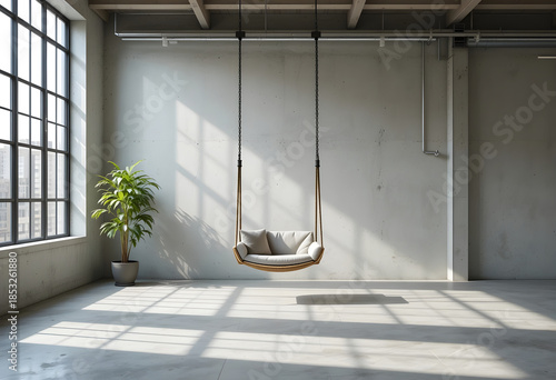 A minimalist loft workspace featuring a suspended swing seat, bathed in soft natural light from tall windows, with concrete flooring and a lone potted plant.