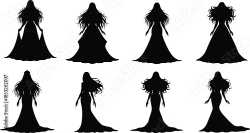 Women in Flowing Dresses Silhouettes, Black Fashion Figures, Hairstyle Variations, Elegant Poses, Forward Facing, Artistic Style, Character Design, Costume, Grace, Form