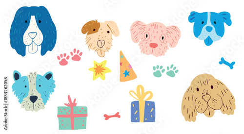 A fun set of vector stickers featuring adorable dogs celebrating a birthday, done in a charming, naive art style.