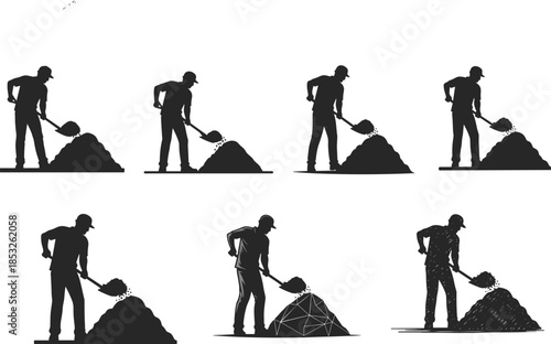 Worker Shoveling Material Silhouettes, Black Ergonomic Motion Sequence, Dirt or Sand Handling, Biomechanics, Labor Technique, Safety Gear, Physical Effort, Posture, Analysis