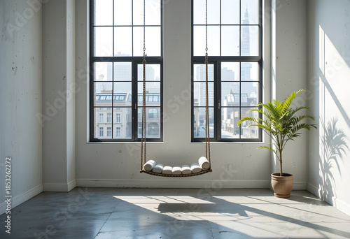 A minimalist loft workspace featuring a suspended swing seat, bathed in soft natural light from tall windows, with concrete flooring and a lone potted plant.
