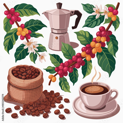 Coffee Beans Pouring from Moka Pot with Cup and Plant on White