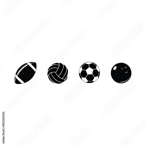 silhouettes of sports equipment, various ball vectors with various variations