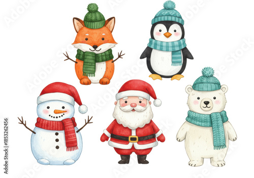 Five adorable watercolor christmas characters (santa, snowman, fox, penguin, polar bear) wearing festive gear, isolated on a transparent background with ample copy space. concept for holiday graphic