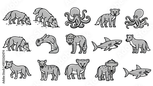 Variety of wildlife animals illustrated in line art style for design projects