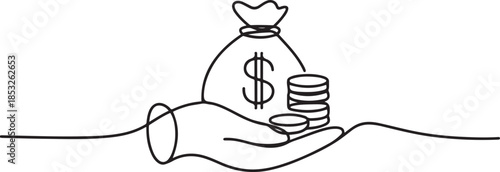 Hand holding money bag with coins stack continuous one line drawing. Business concept. one line Art icon drawing