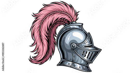 Knight helmet with pink plume illustration medieval armor head protection
