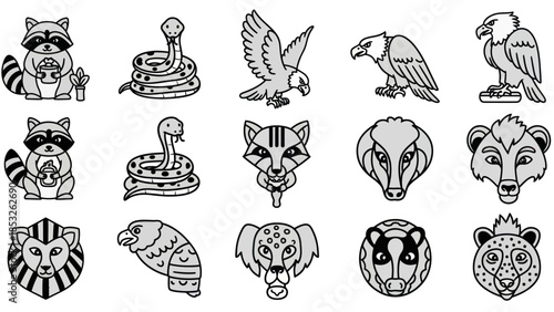 Stylized animal icons set raccoons snakes eagles and other wildlife