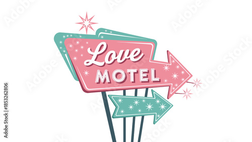 Retro love motel sign with pink and teal arrows and star accents in vintage style