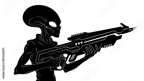 Black silhouette of a classic grey alien holding a futuristic scifi laser rifle or plasma gun